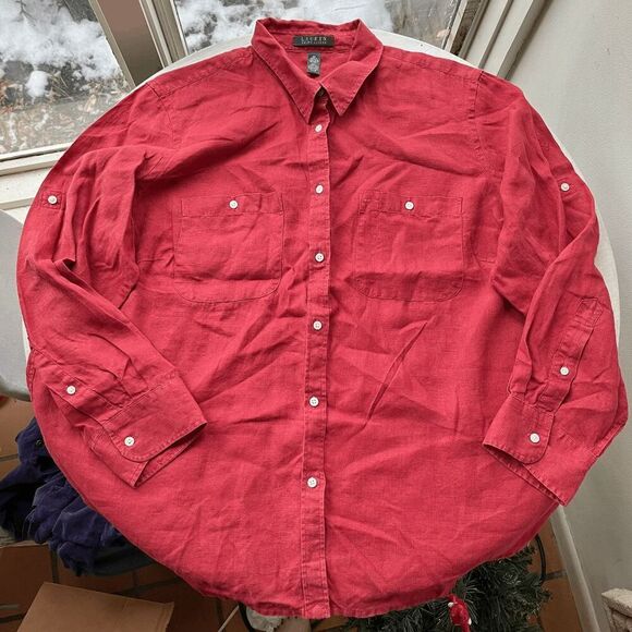 Lauren Ralph Lauren Tops - Lauren Ralph Lauren Redish Linen Button-Up Shirt 2X Embroidered Logo, Pockets